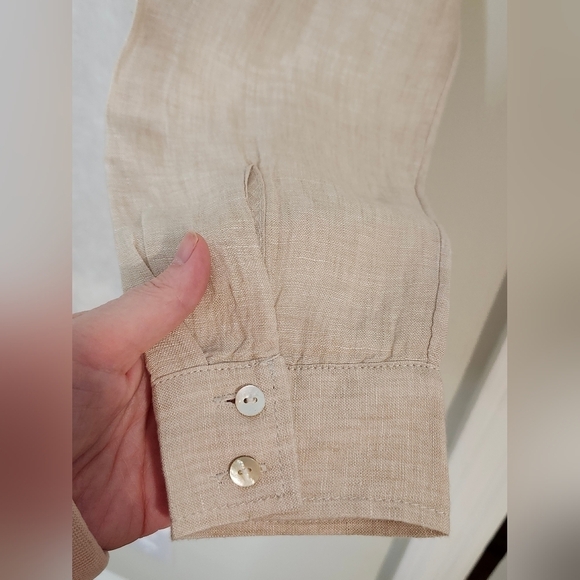 Tahari Women's 100% Linen Tunic Top Size M Khaki Roll Tab Minimalist Scandi Chic - Picture 9 of 9